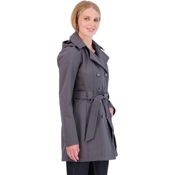 💫 Women Grey Shell Trench Coat Soft Comfortable Button-Off Warm Detachable Hood - Picture 4 of 5